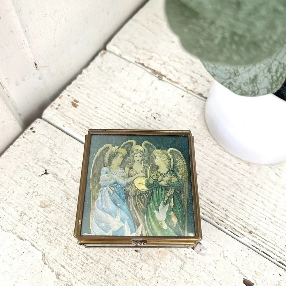 3/$22🩶 Vintage Angels Via Vermont Glass Brass Trinket Jewelry Box Mirror